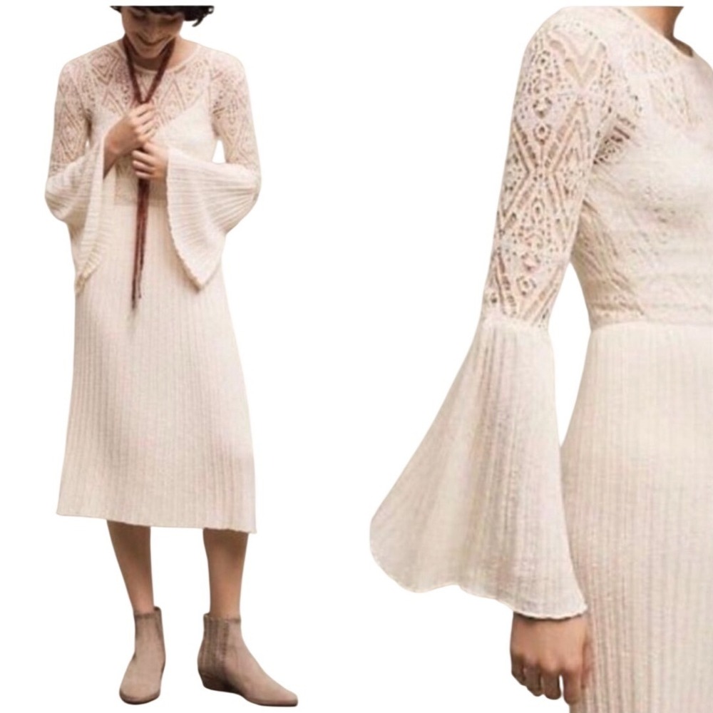 NWT Anthropologie Floreat Serena BeIl Sleeve Knit Midi Dress Ivory Lace Sz Large